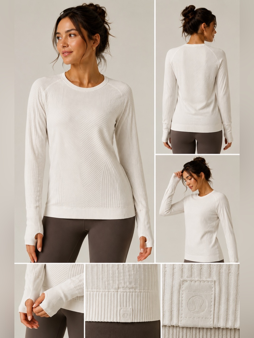 Lululemon White Seamless Long Sleeve Athletic Top Size 8 Thumbhole Cuffins
